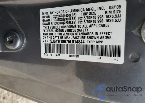 2005 Honda Element Ex from USA, damaged, VIN 5J6YH18675L014844